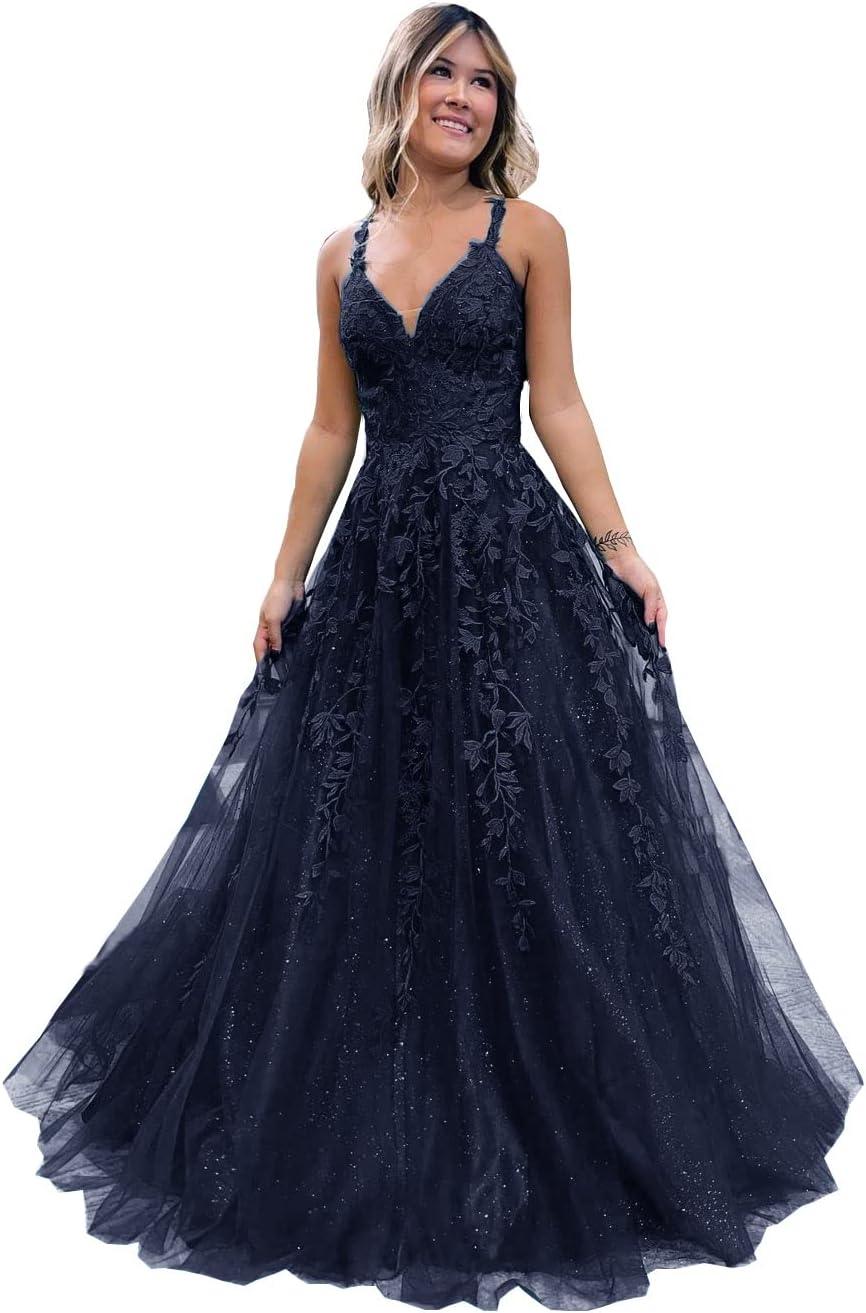 Vestido largo de gala con tul brillante y encaje floral, escote en V, vestido formal de noche, vestido largo de fiesta