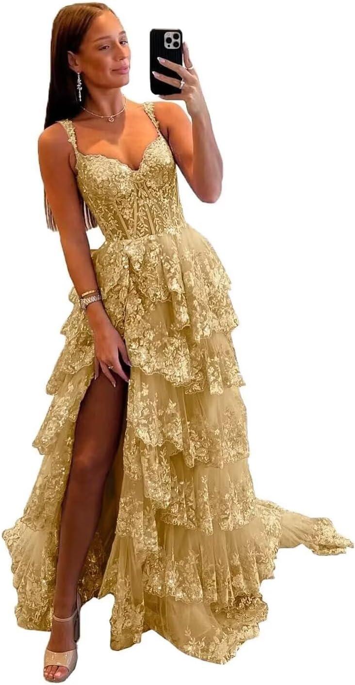 Vestidos de fiesta largos de tul con encaje en capas y brillo 2025 con tirantes finos, corsé formal y abertura