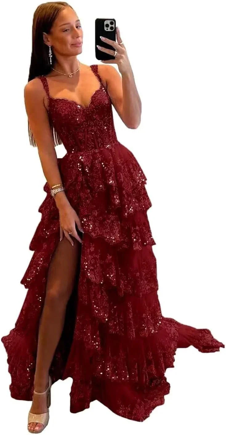 Vestidos de fiesta largos de tul con encaje en capas y brillo 2025 con tirantes finos, corsé formal y abertura