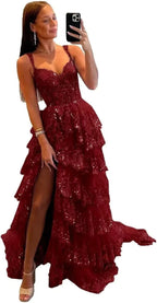 Vestidos de fiesta largos de tul con encaje en capas y brillo 2025 con tirantes finos, corsé formal y abertura