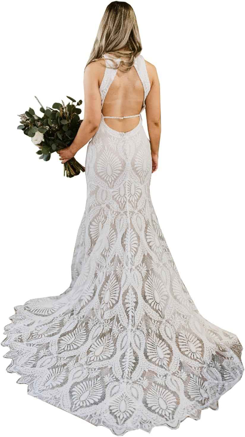 Womens Beach Wedding Dress Vintage Lace Bohemian Bridal Gown With Long Sleeves