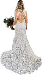 Womens Beach Wedding Dress Vintage Lace Bohemian Bridal Gown With Long Sleeves