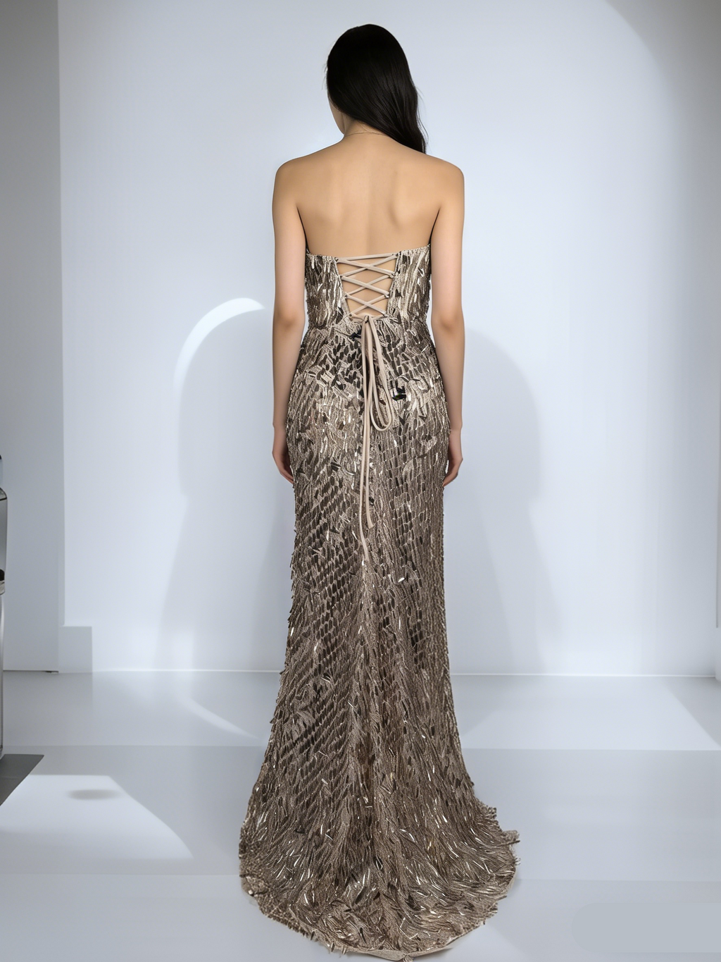 Champagne Strapless Sequin Mermaid Evening Dress | Lace-Up Back Prom Gown with Train