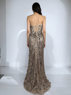 Champagne Strapless Sequin Mermaid Evening Dress | Lace-Up Back Prom Gown with Train