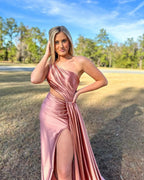 Charming Mermaid One Shoulder Satin Prom Dresses with Slit