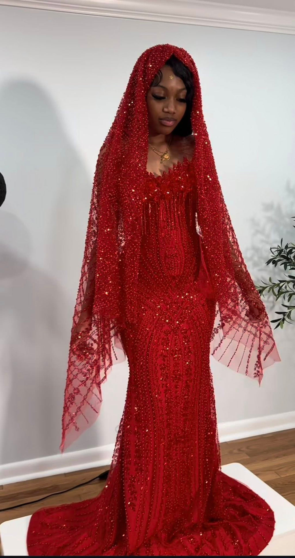 Crimson Ruby Heiress Mermaid Gown With Hand Beaded Crystal Encrusted Hooded Veil