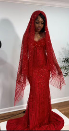 Crimson Ruby Heiress Mermaid Gown With Hand Beaded Crystal Encrusted Hooded Veil