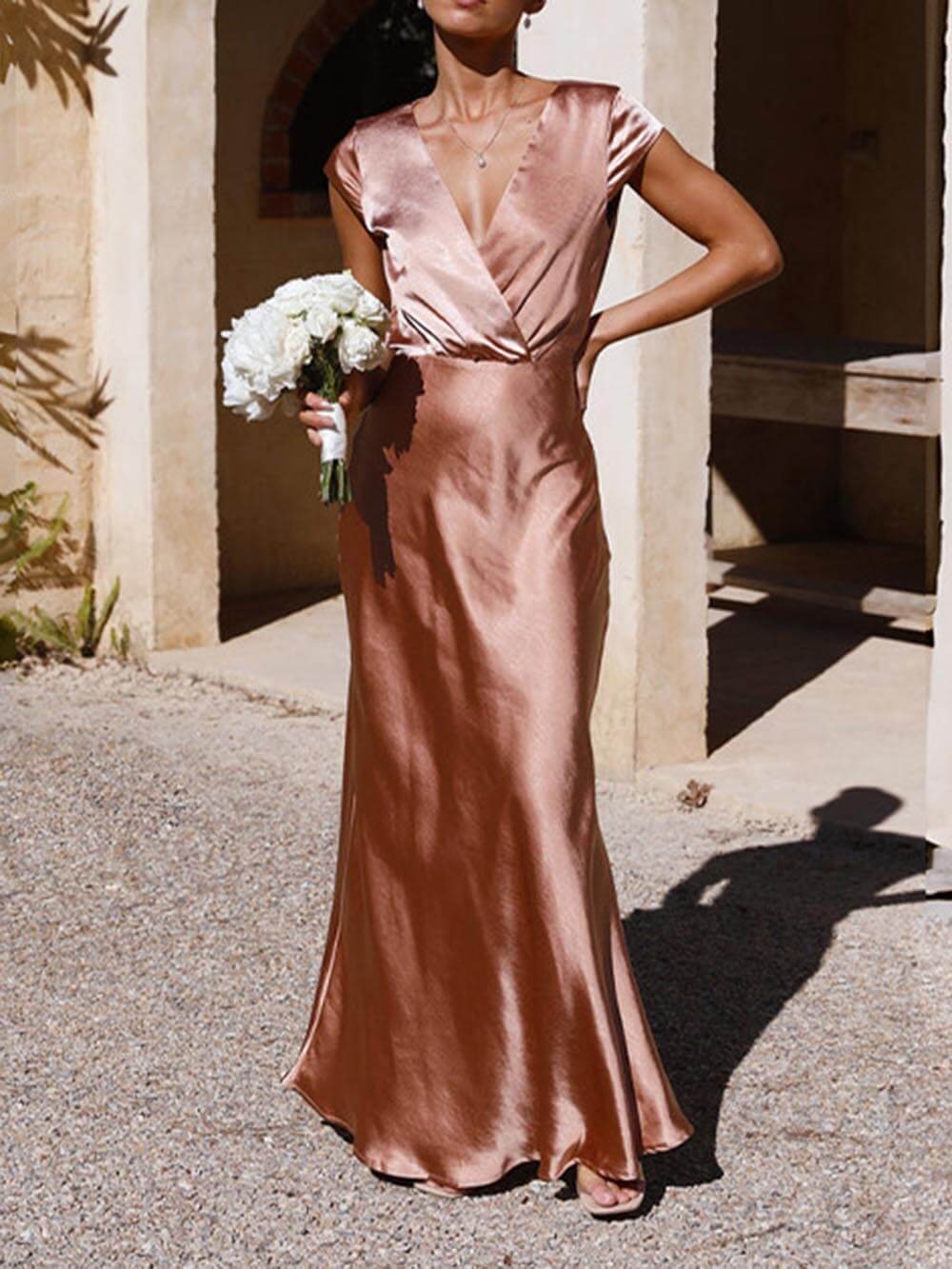 Frühling/Sommer Satin Einfarbig V-Ausschnitt Fischschwanz Partykleid 