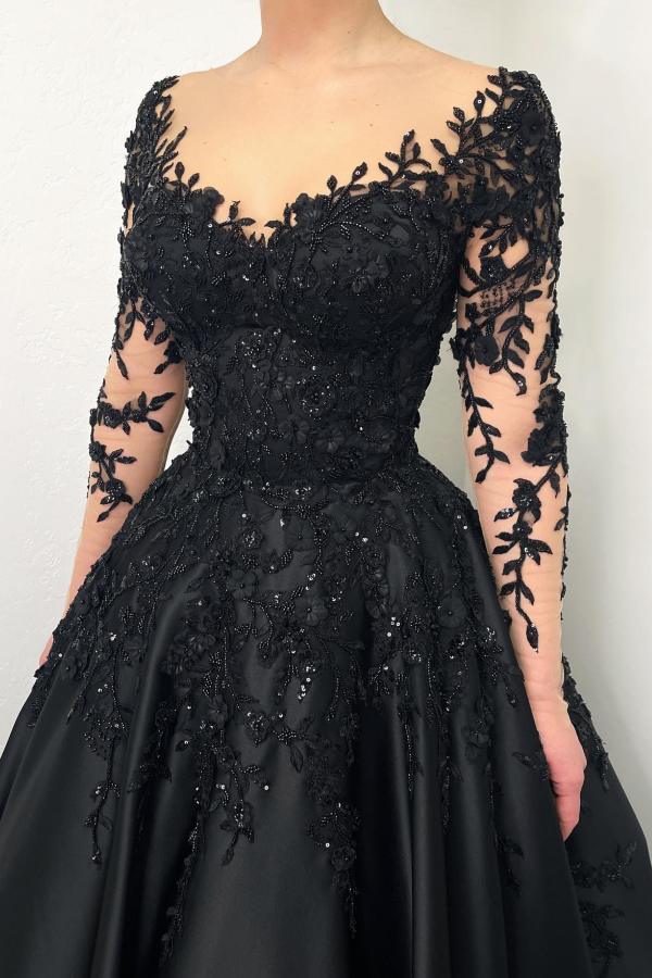 Bmbridal Black Long Sleeves A Line Wedding Reception Dress With Appliques