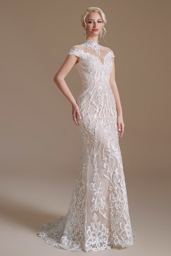 Sexy Lace Mermaid Wedding Dress With High Neck And Long Sleeves