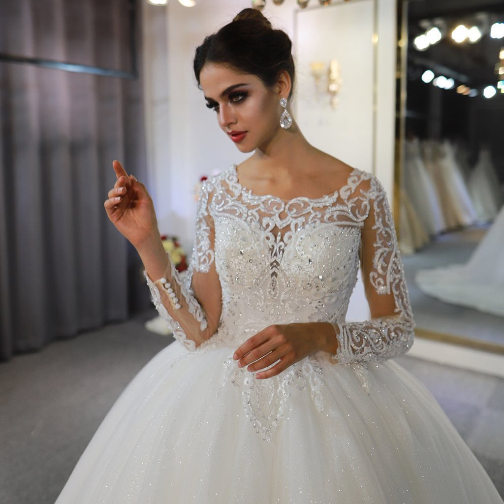 Bateau Neckline Floor Length Long Sleeves Wedding Dress With Lace Appliques