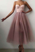 Elegant Black Tulle A Line Spaghetti Strap Midi Prom Dress With Built In Bra And Zipper Back For Evening Formal Parties