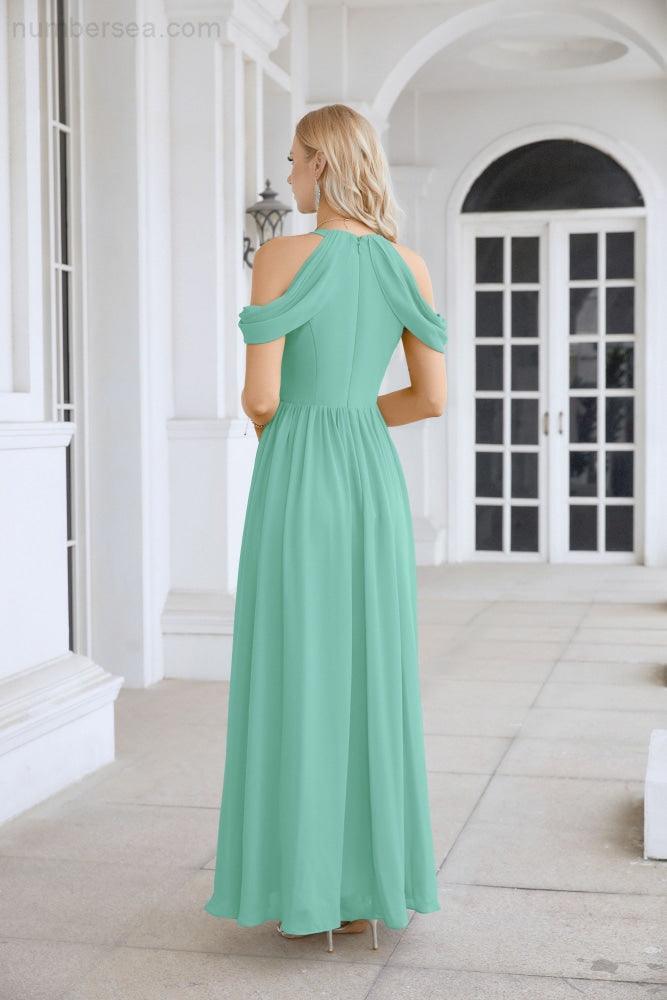 Abito da sera da damigella in chiffon con spalle scoperte, maniche a campana e spacco frontale, abito da festa nuziale 28117