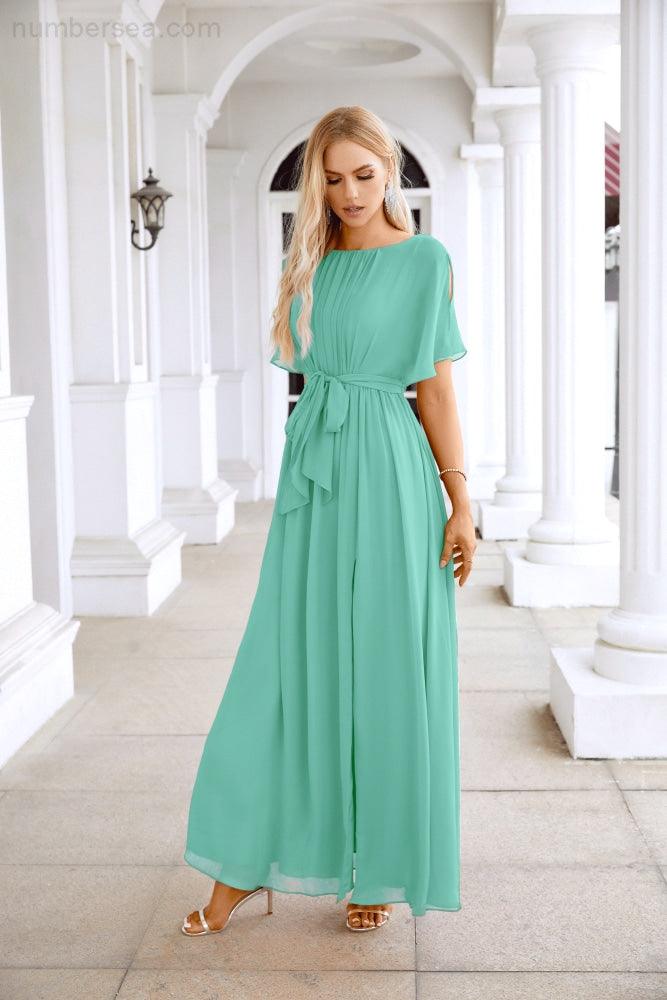 Robe de soirée longue jusqu'au sol pour demoiselle d'honneur, manches en mousseline, encolure ronde, fente avant, pour mariage et fête 28124