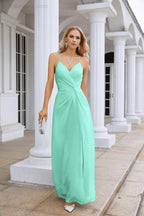 Vestido de Festa Comprido até ao Chão para Damas de Honra, em Chiffon, com Alças Finas, Decote em V e Fenda Frontal, para Baile, Festa e Casamento 28116