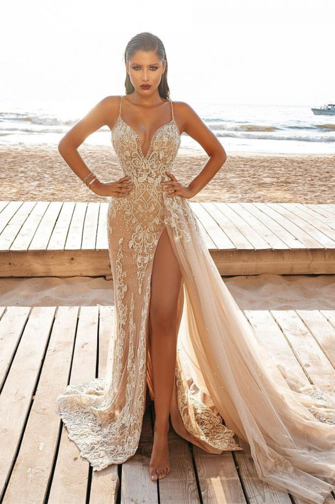 Nude Mermaid Wedding Dress With Spaghetti Strap And Beaded Embellishments