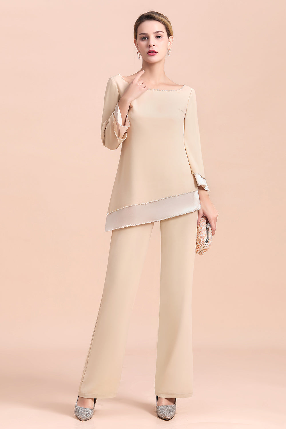 BMbridal Chic Round-Neck Champagne Chiffon Mother of Bride Jumpsuit Online