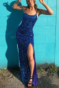 Vestido de fiesta azul real con tirantes y escote redondo de sirena brillante, con abertura, vestido de noche Y1265