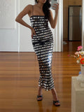 Robe mi-longue à bretelles pailletées argent