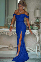 Pink Sequins Off Shoulder Mermaid Prom Dress With Slit Custom Colors And Sizing