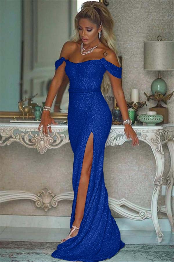 Pink Sequins Off Shoulder Mermaid Prom Dress With Slit Custom Colors And Sizing