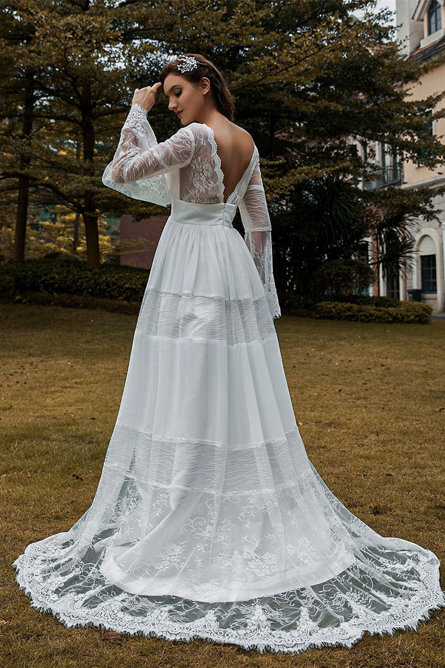 Long Sleeve Lace Boho Wedding Dress For Romantic Vintage Charm