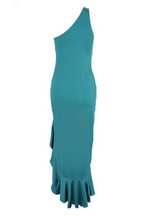 Robe de soirée élégante à une épaule avec fente et volants solides (8 couleurs)