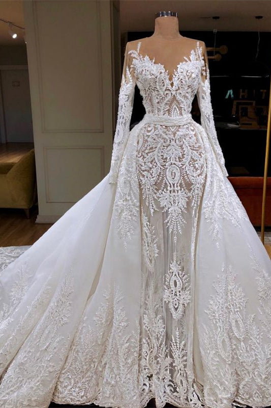 Glamorous Mermaid Lace Wedding Dress With Long Sleeves And Detachable Skirt