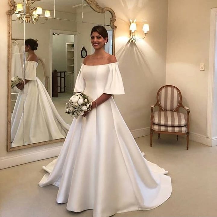 Off The Shoulder A Line Short Sleeves Wedding Dress With Satin Ruffles Train