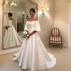 Off The Shoulder A Line Short Sleeves Wedding Dress With Satin Ruffles Train