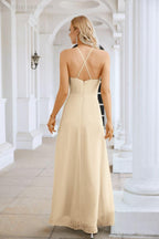 Vestido de Festa Comprido até ao Chão para Damas de Honra, em Chiffon, com Alças Finas, Decote em V e Fenda Frontal, para Baile, Festa e Casamento 28116