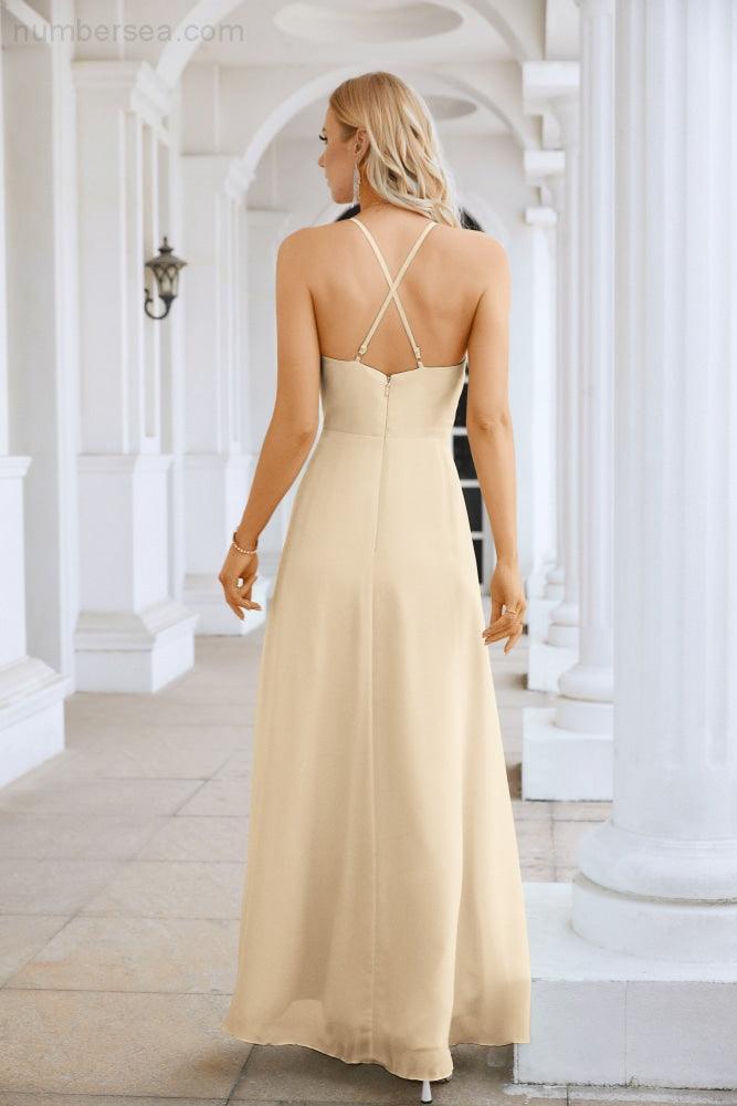 Vestido de Festa Comprido até ao Chão para Damas de Honra, em Chiffon, com Alças Finas, Decote em V e Fenda Frontal, para Baile, Festa e Casamento 28116