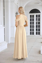 Abito da sera da damigella in chiffon con spalle scoperte, maniche a campana e spacco frontale, abito da festa nuziale 28117