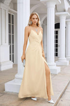 Vestido de Festa Comprido até ao Chão para Damas de Honra, em Chiffon, com Alças Finas, Decote em V e Fenda Frontal, para Baile, Festa e Casamento 28116