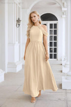 Abito da sera da damigella in chiffon con spalle scoperte, maniche a campana e spacco frontale, abito da festa nuziale 28117