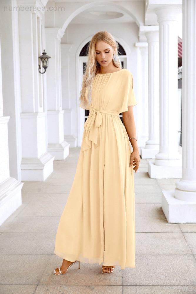 Robe de soirée longue jusqu'au sol pour demoiselle d'honneur, manches en mousseline, encolure ronde, fente avant, pour mariage et fête 28124