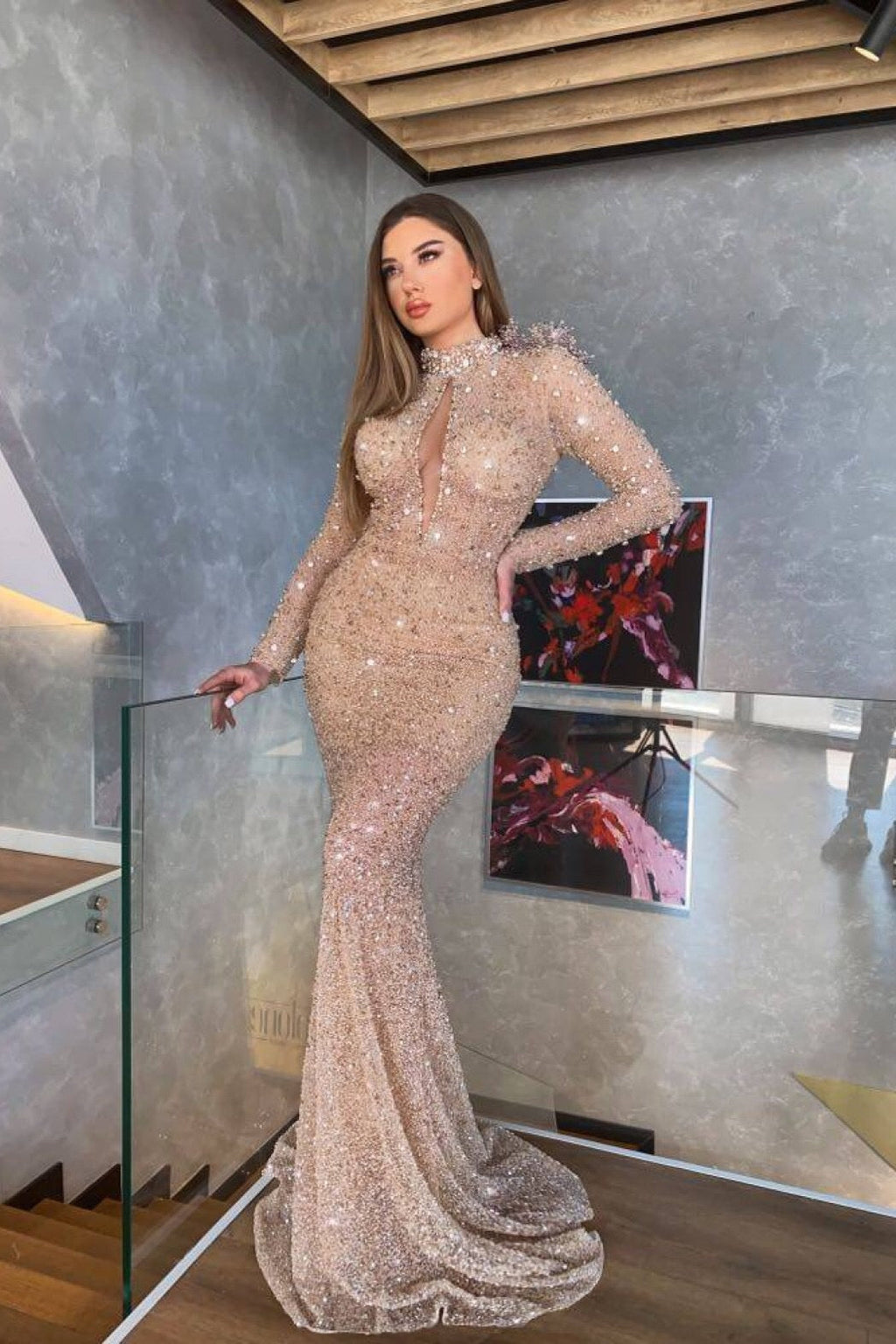 Long Mermaid High Neck Sequins Prom Dress with Sleeves