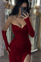 Sequin Strapless Long Mermaid Prom Dress With Split Detachable Sleeves