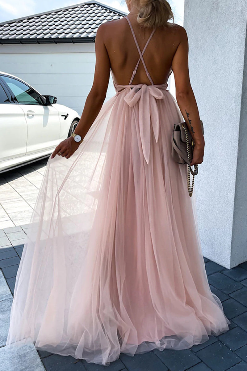 Vestido de Noite Sexy com Decote em V em Malha de Renda Sólida
