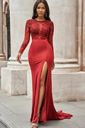 Vestidos de Baile de Cetim com Renda, Manga Comprida, Estilo Sereia, com Fenda Deslumbrantes