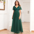 Vestido de noite de manga curta com decote em V duplo Sequ bordado costura vestido de festa longo elegante vestido de tule linha a