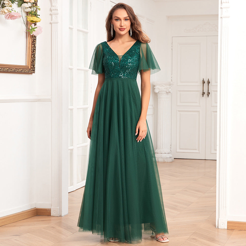 Vestido de noite de manga curta com decote em V duplo Sequ bordado costura vestido de festa longo elegante vestido de tule linha a