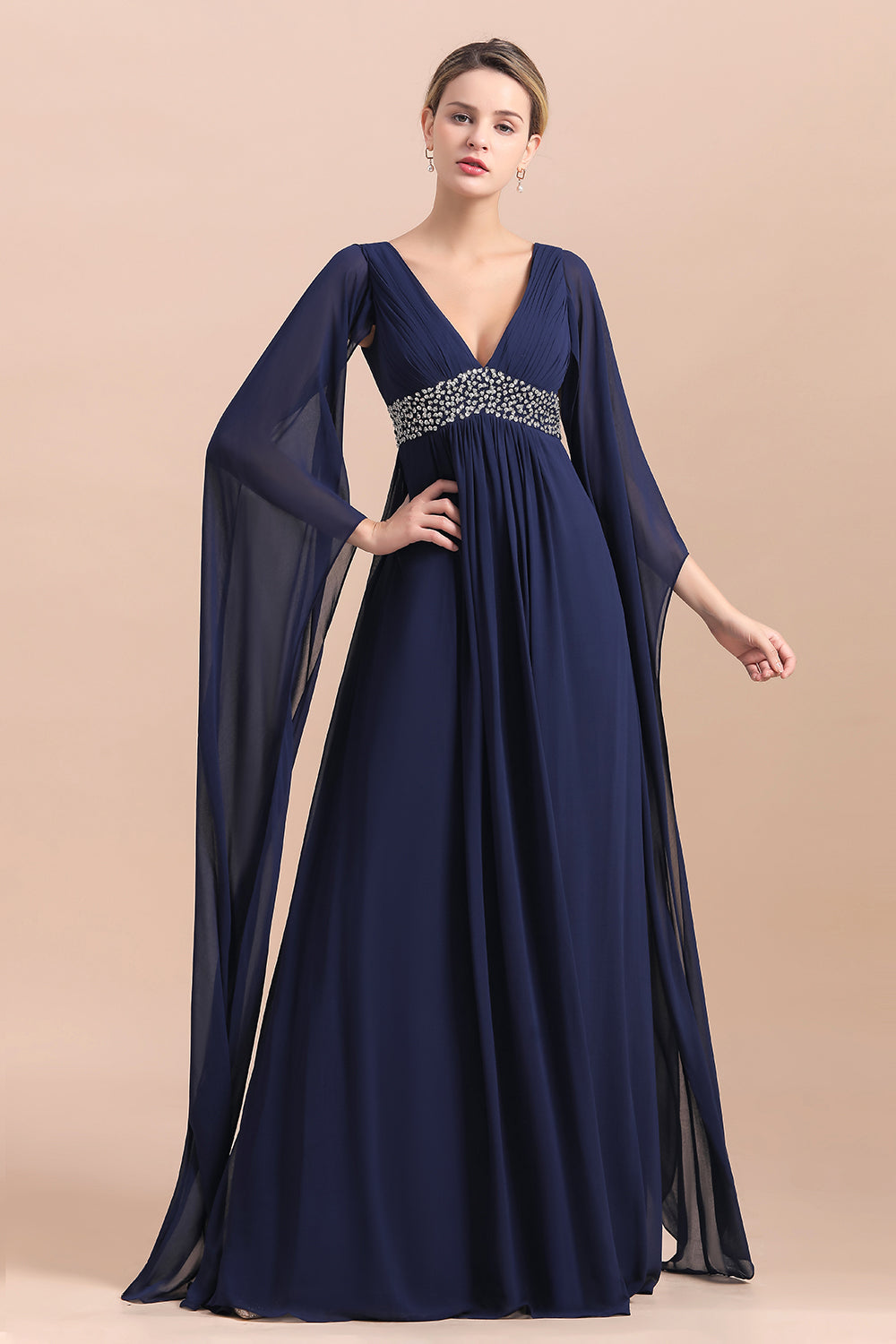 BMbridal Navy Long Sleeve Chiffon Mother Of the Bride Dress With Ruffles Online