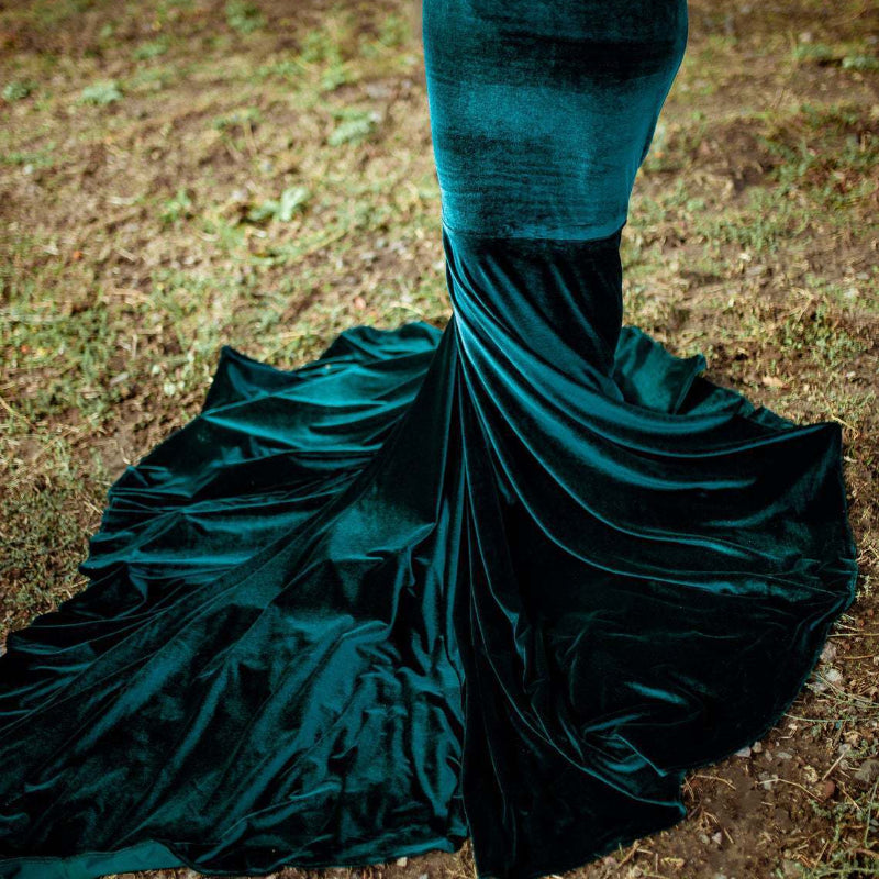Robe longue en velours doré pour femme enceinte, col en V, traîne queue de poisson, robe de photographie