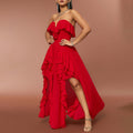 Vestuário Feminino Primavera Verão Vestido Elegante e Moderno Top Tubo Decote em V Detalhes Folhos Costas Nuas Vestido de Noite