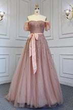 Robe de bal longue en ligne A, épaules dénudées, manches bouffantes formelles