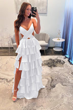 Spaghetti Strap Sleeveless Prom Dress With Ruffles And Long Split
