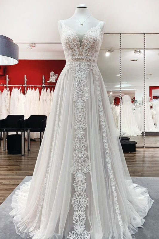 BMbridal Simply Sleeveless White Tulle Lace Ruffles A Line Wedding Dress Long