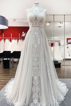 BMbridal Simply Sleeveless White Tulle Lace Ruffles A Line Wedding Dress Long