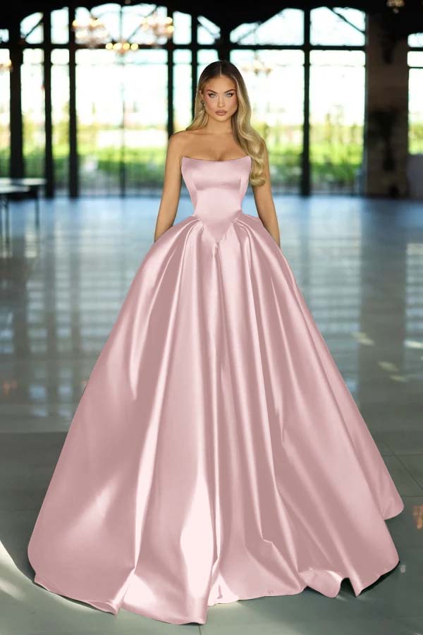 Strapless Sleeveless Long A Line Prom Dress With Pockets Pleated Custom Colors